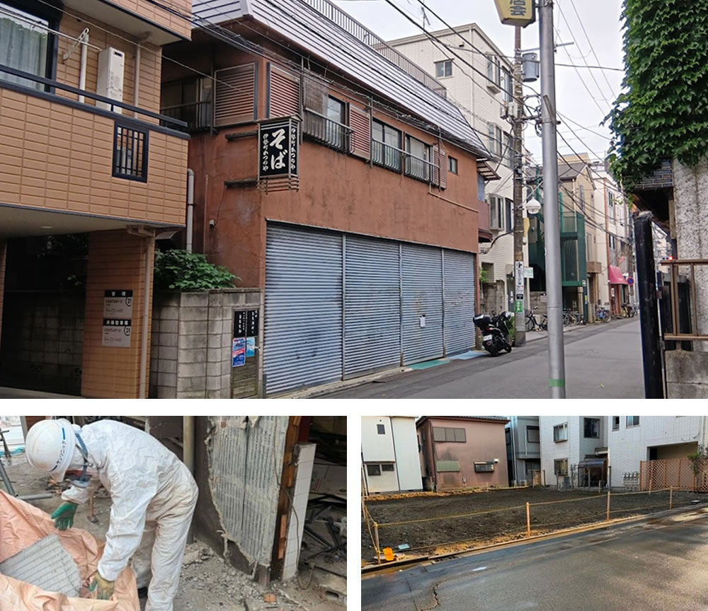 2026/10/15の解体状況：鉄骨造陸屋根２階建て（モルタル塗り、ベタ基礎）＋外壁アスベストレベル３除却